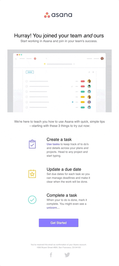 Example of an Asana email featuring a Gif animation of a task being completed.