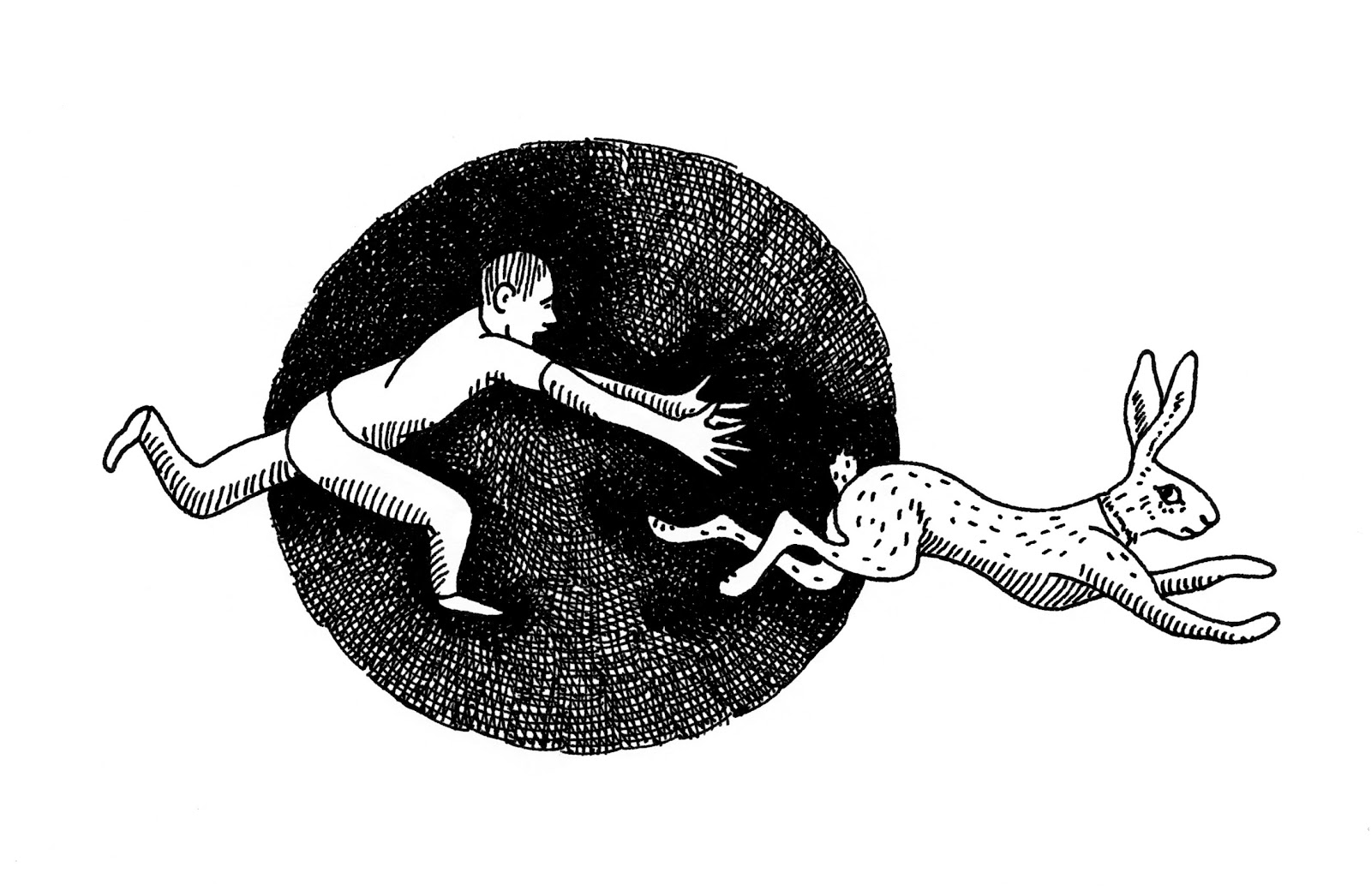 Man chasing bunny rabbit. 