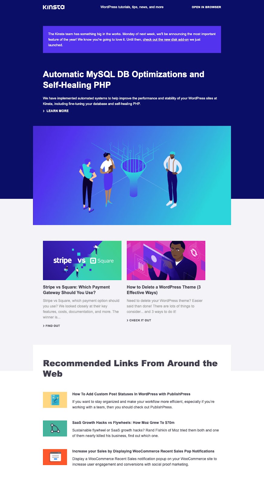 Example of Kinsta's email newsletter.