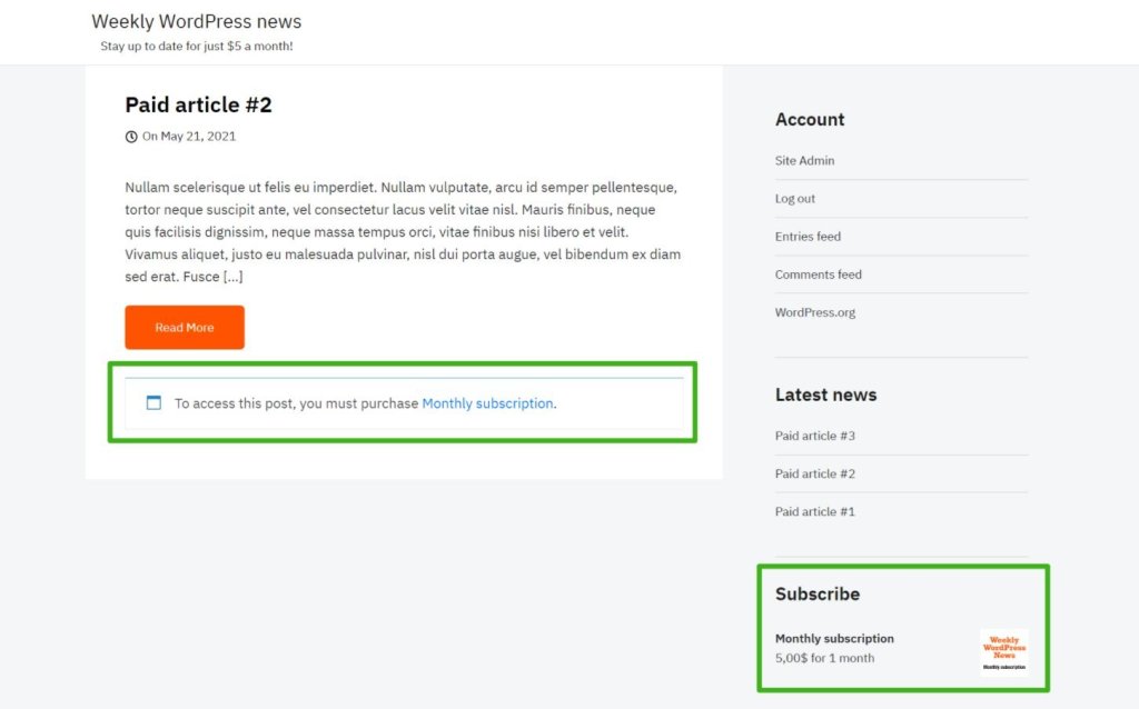 Example of a paid newsletter subscription