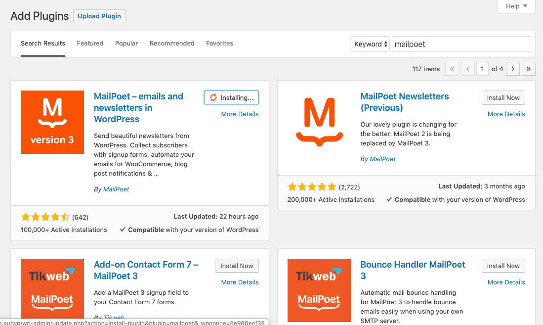 Searching for MailPoet in WordPress plugin repository.