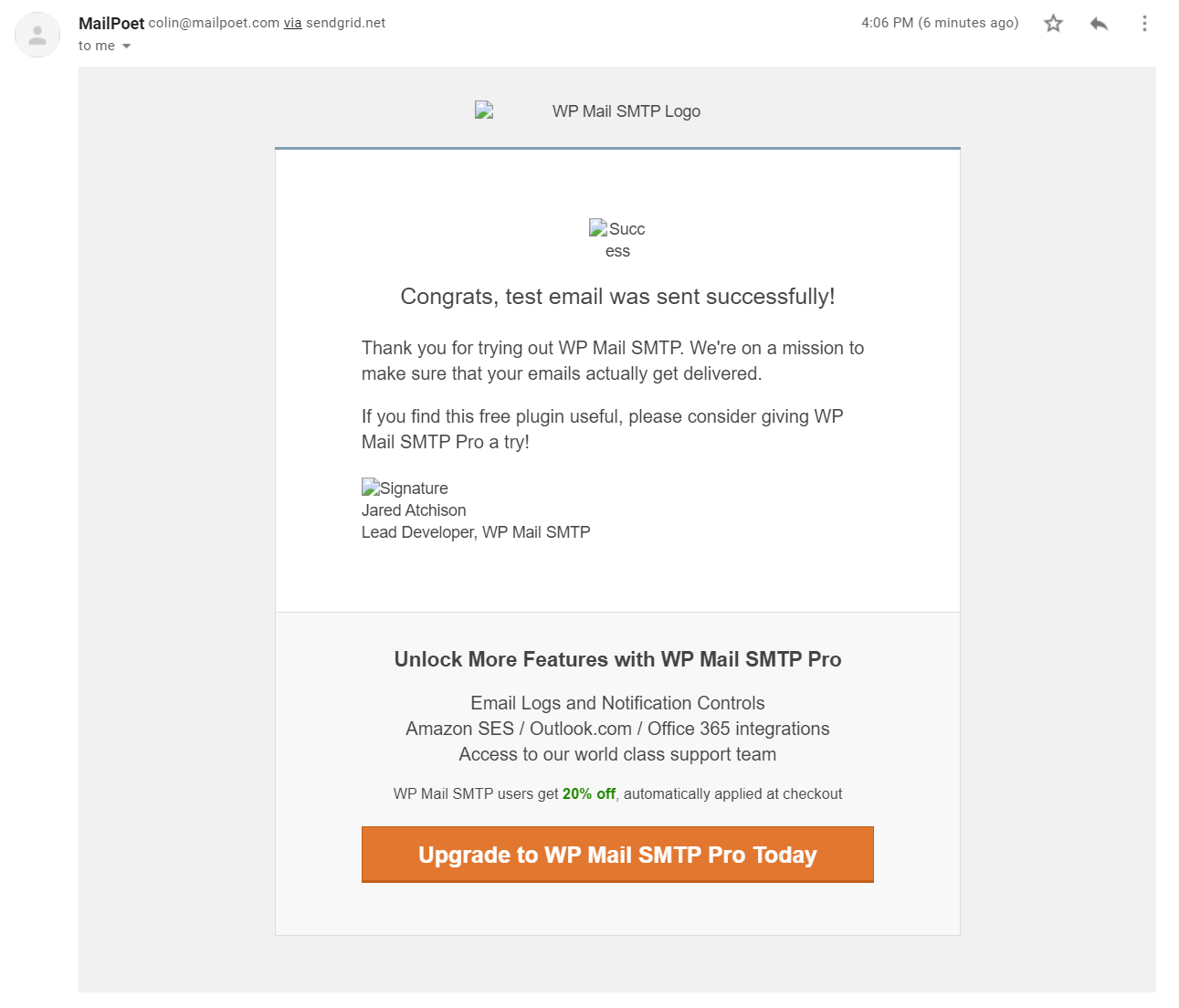Screenshot of the test email success message