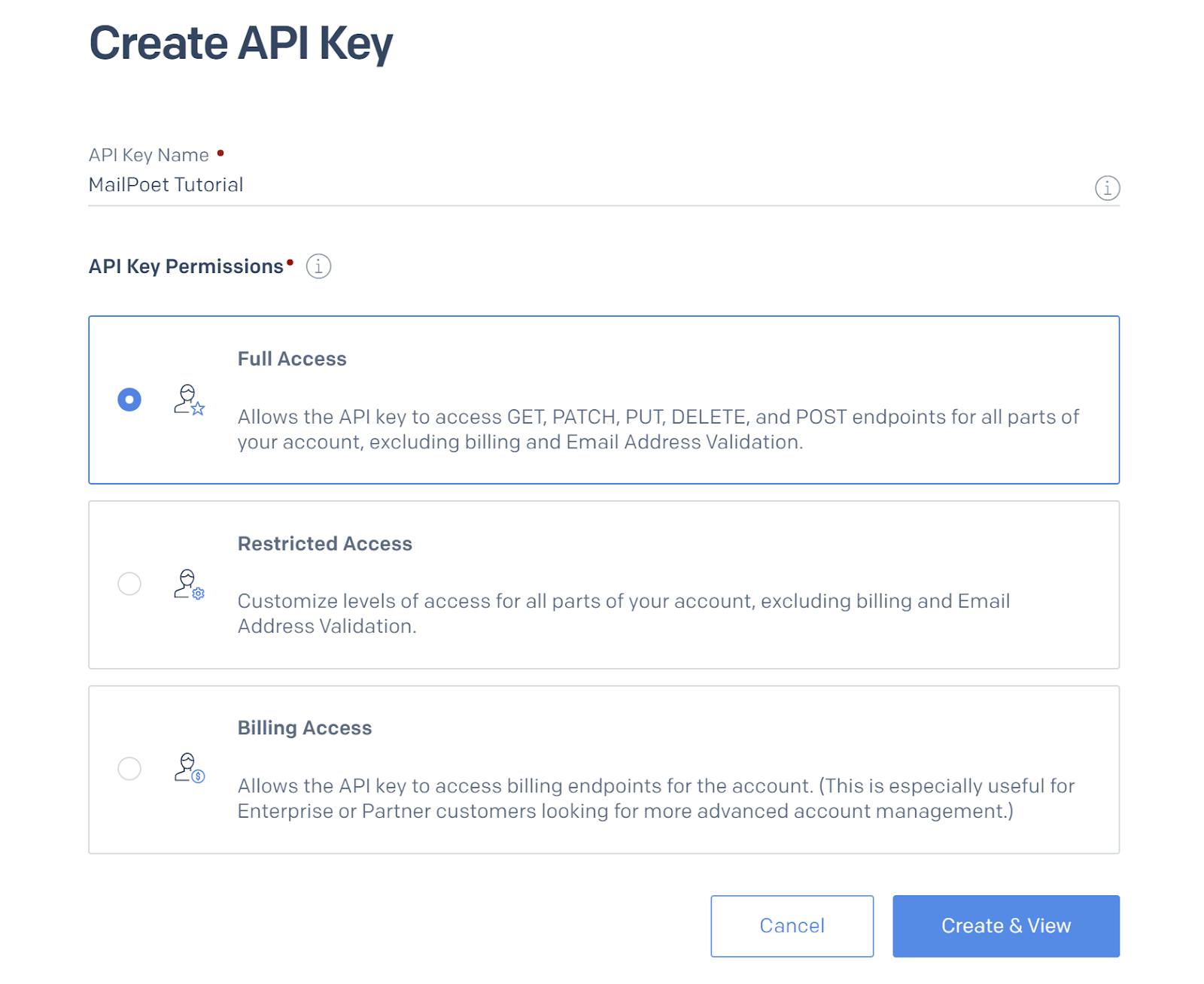 Screenshot of permissions options on SendGrid's Create API Key page