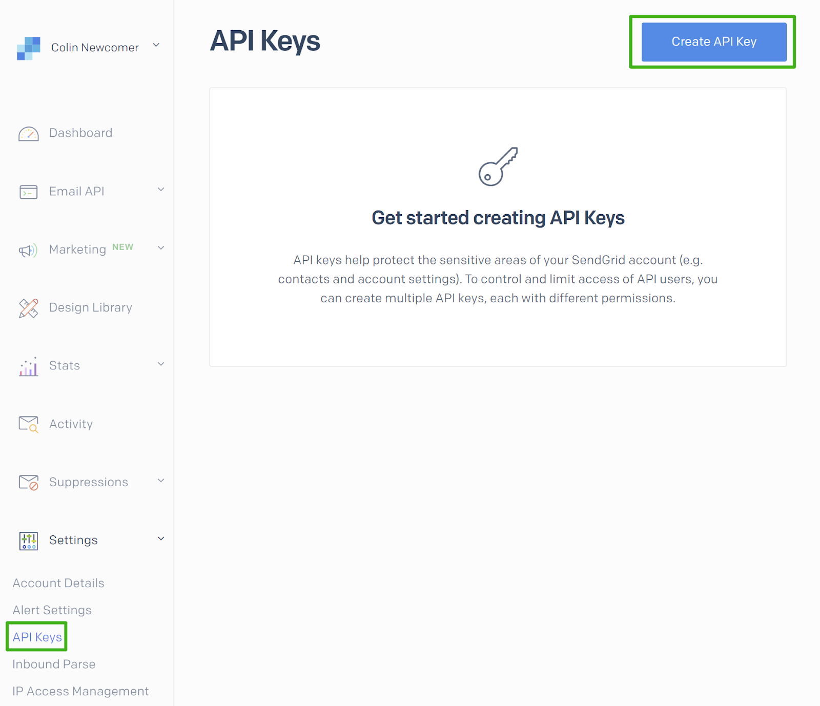 Screenshot of SendGrid's Create API Key page