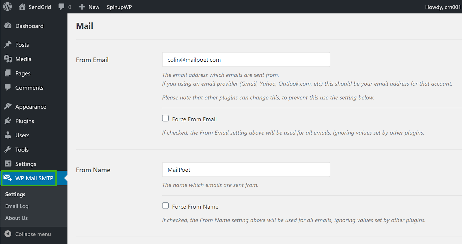 Screenshot of the settings in the WP Mail SMTP plugin
