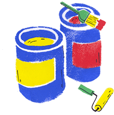 Cans of paint and brushes