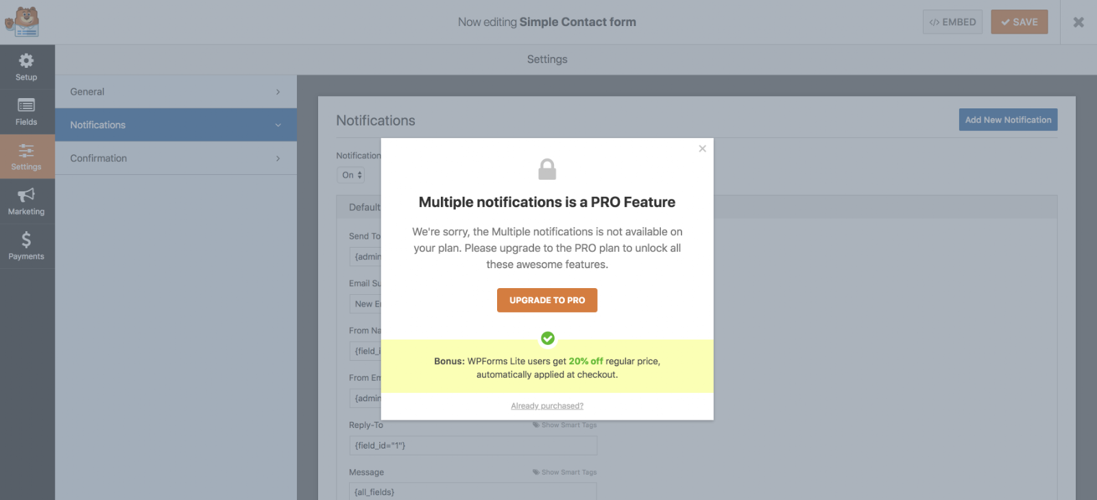 WP Forms pro feature locked. 