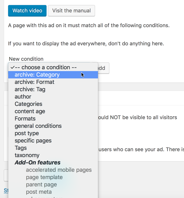 Example of conditions available.