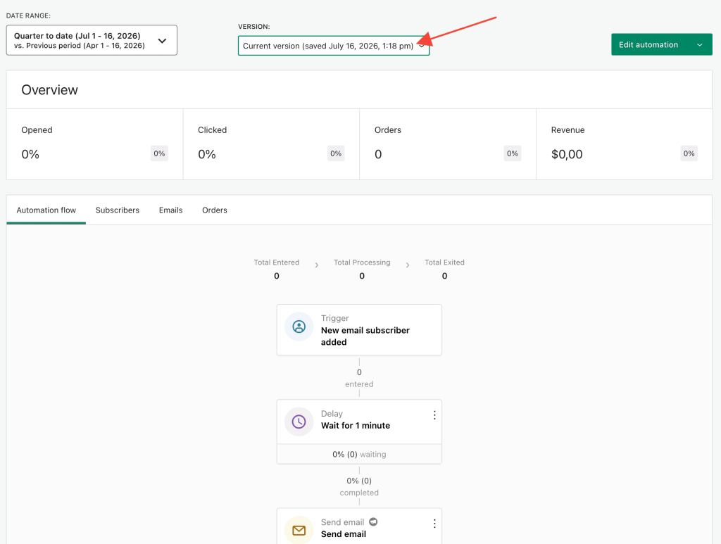 The automation analytics header with the Version dropdown next to the date range filter.