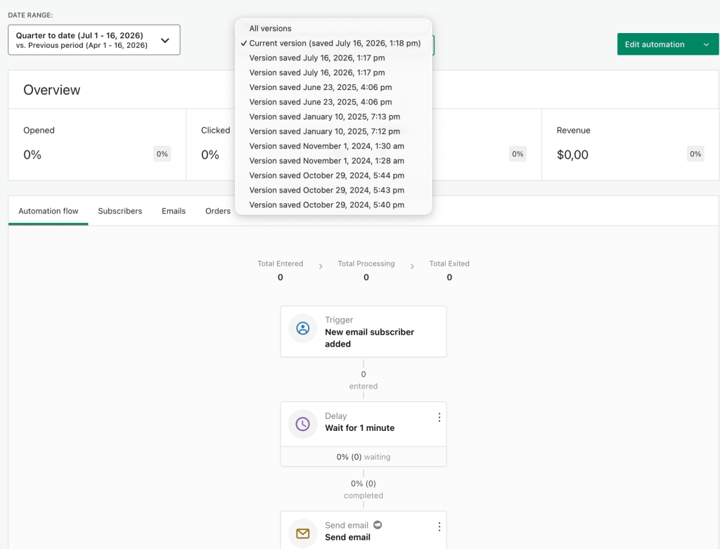 The automation analytics page filtered to a specific version, with metrics and flow diagram updated.