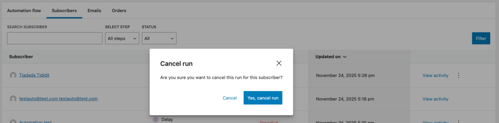 The subscriber three-dot menu in automation analytics with the Cancel run option.