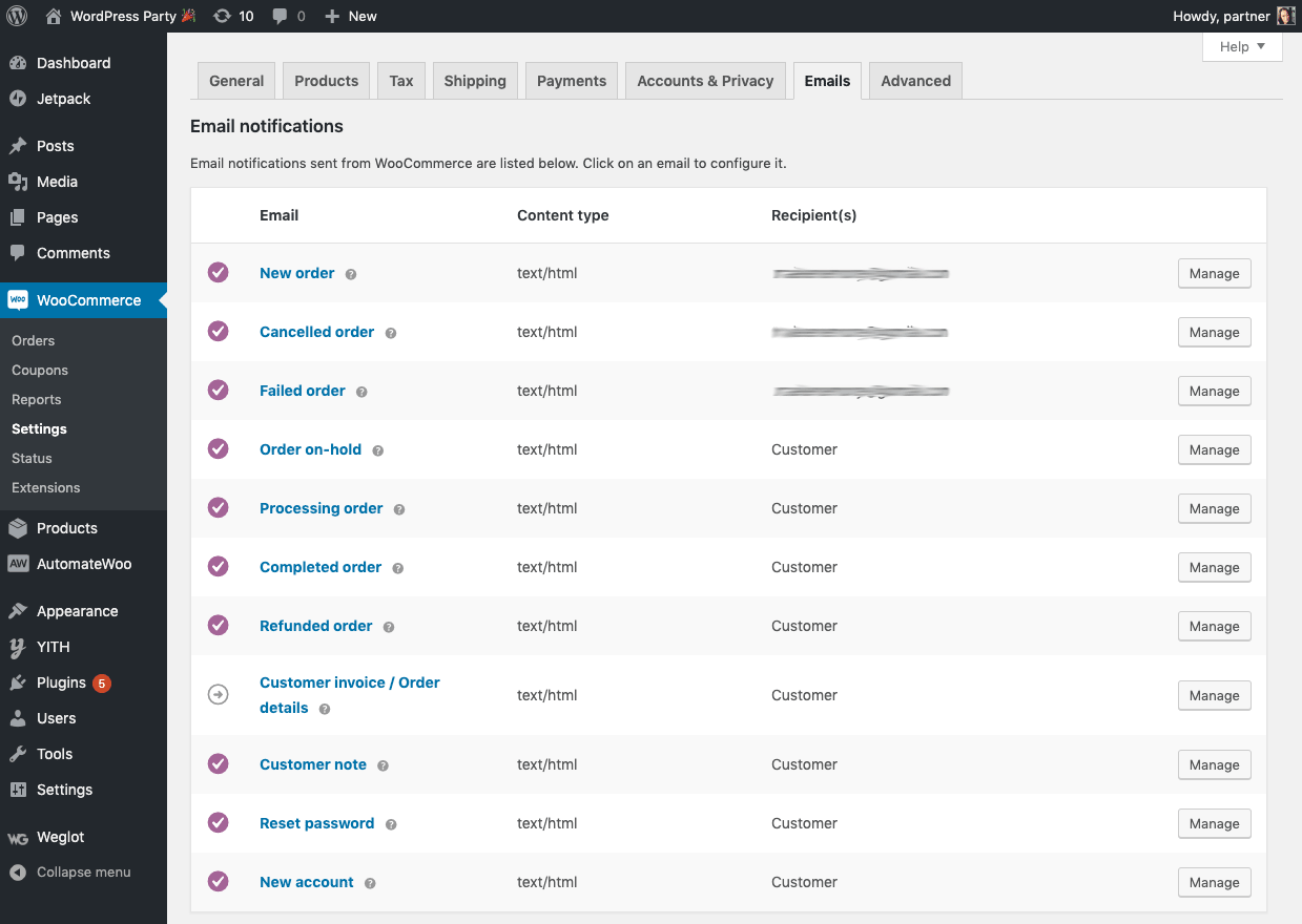 Default WooCommerce emails.