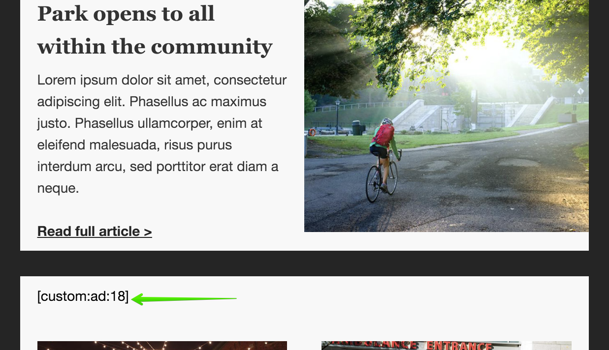 Example showing shortcode for the ad added to a MailPoet newsletter. 
