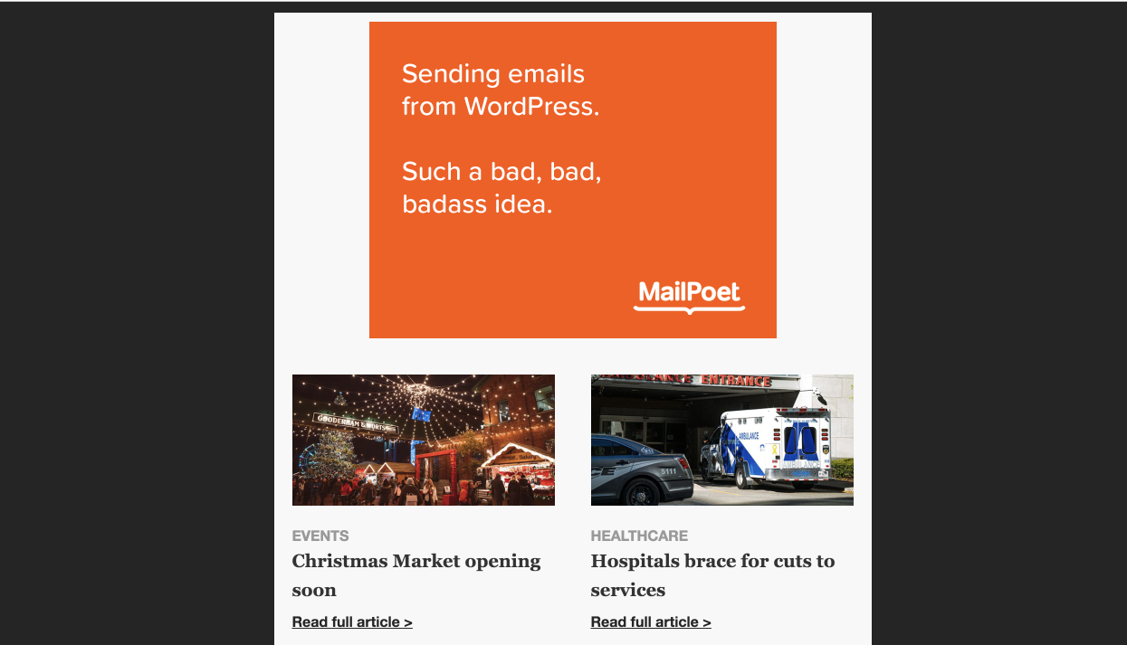Example showing a MailPoet ad rendered in a newsletter. 