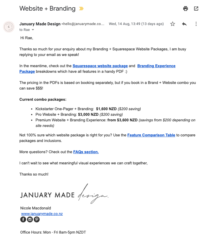Example of a lead nurturing email by January Made Designs.