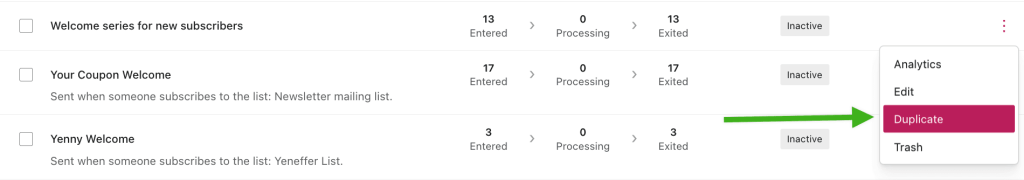The three-dot menu next to an automation with the Duplicate option selected.