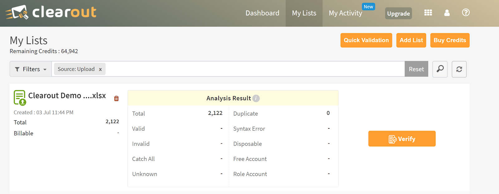 Clearout list analysis screen