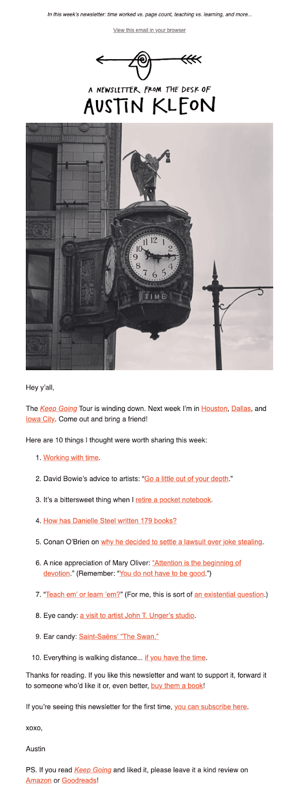 Example of Austin Kleon's email newsletter.
