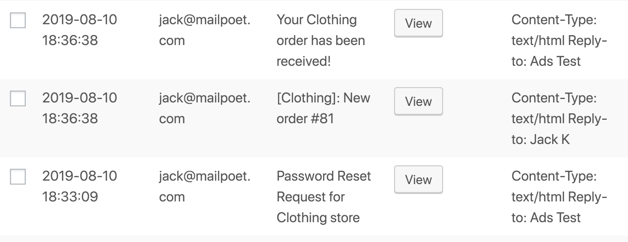 Screenshot of emails logged. 