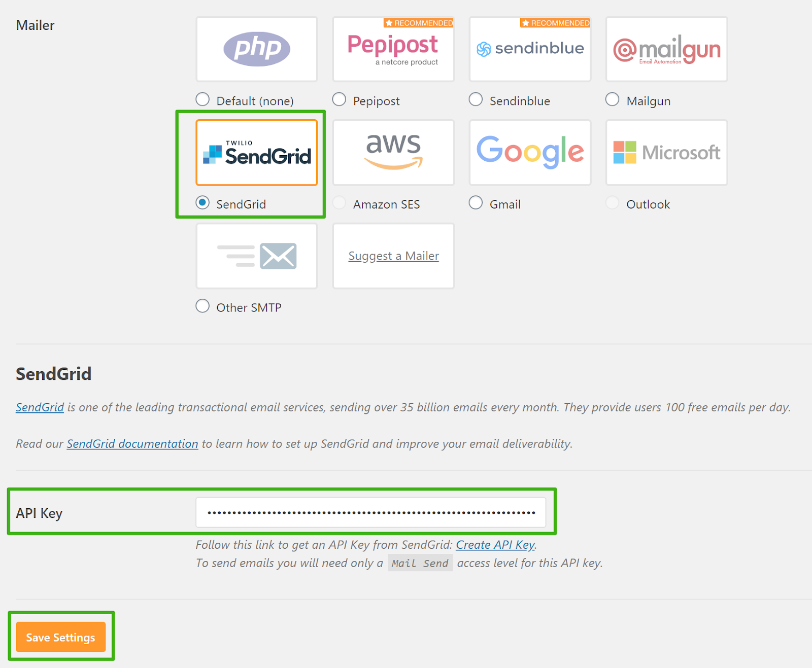 Screenshot of the settings in the WP Mail SMTP plugin