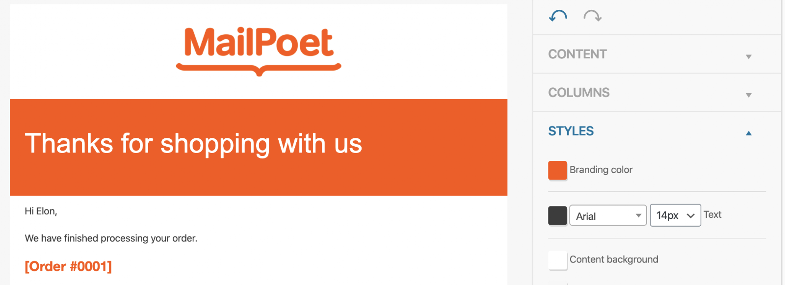 Screenshot of the MailPoet logo in the email template, and the header area in orange