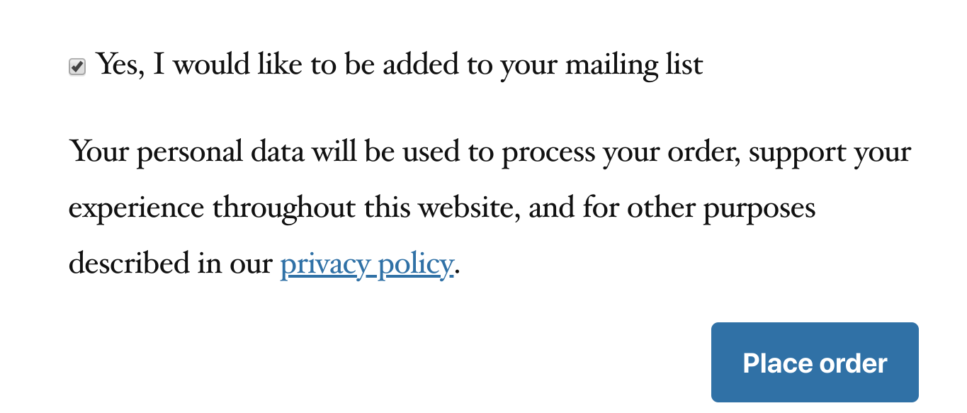 Example of a GDPR-friendly sign-up form you can add to checkout with MailPoet.