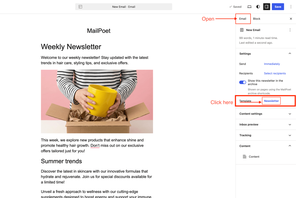 Open the email editor in template mode. Start by ensuring the email sidebar is open and selected. Scroll down and locate the template, then select the Newsletter.