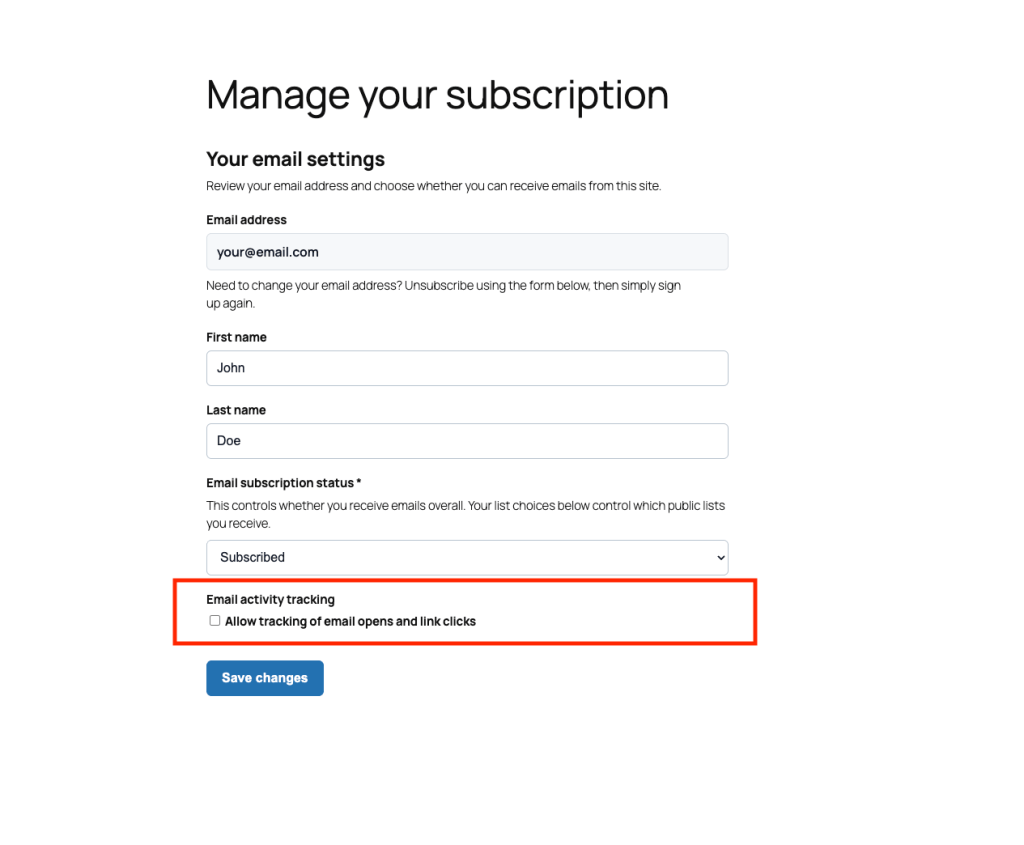 Screenshot: the manage-subscription page with the Email activity tracking checkbox visible