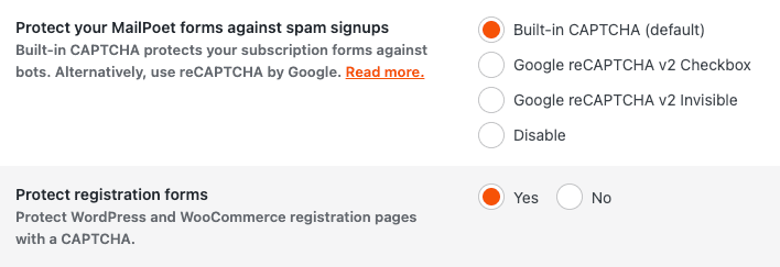 The Protect registration forms toggle in MailPoet Settings, Advanced tab