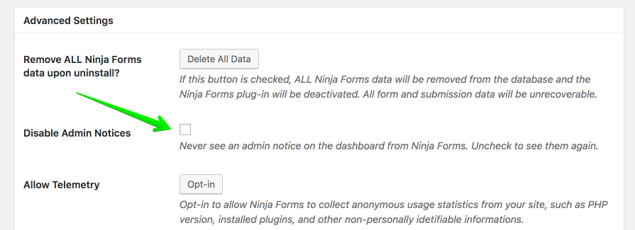 Ninja forms advanced settings.
