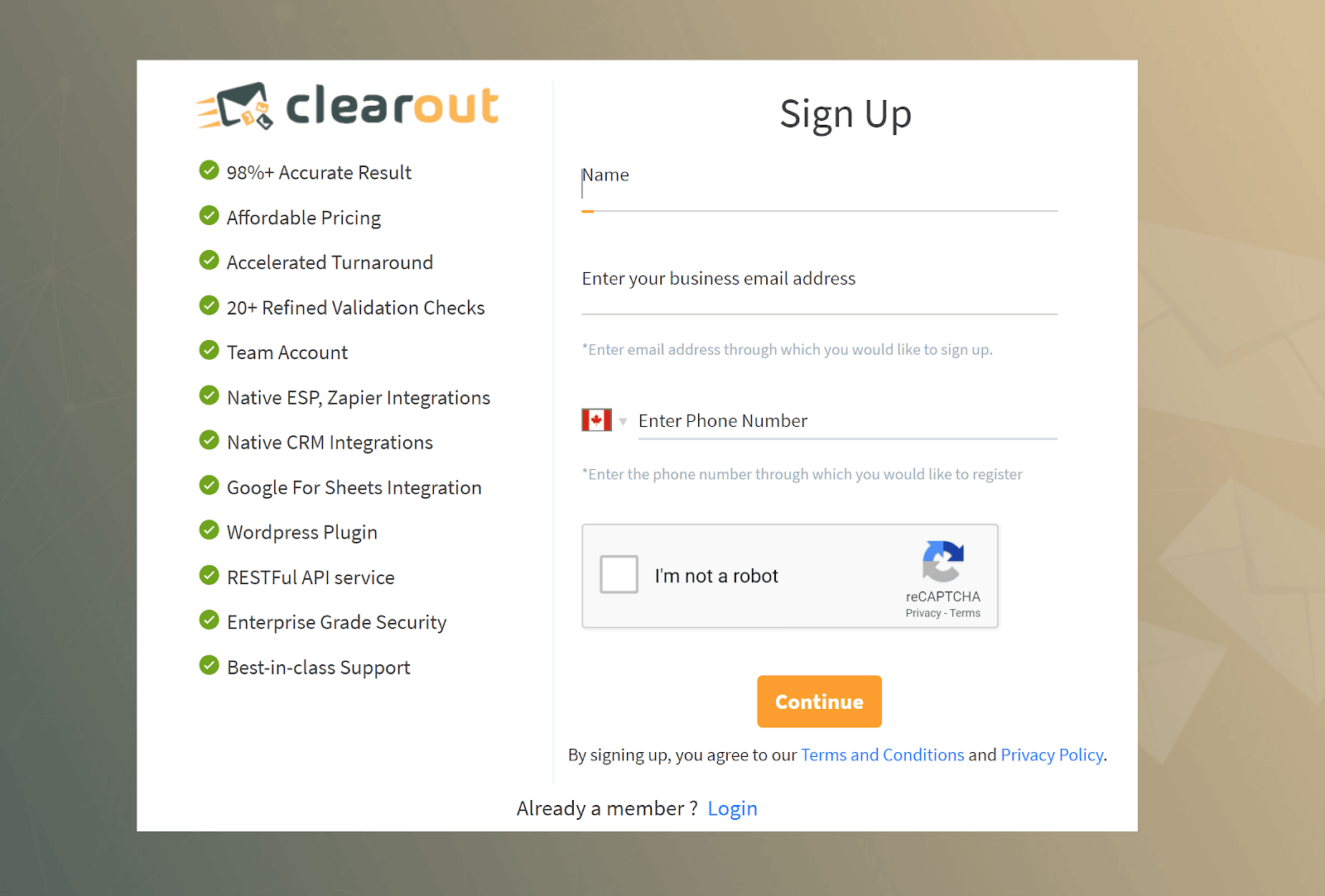 Clearout sign up page