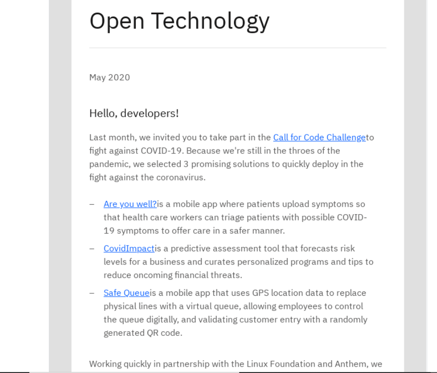 Example of a feature update email from IBM