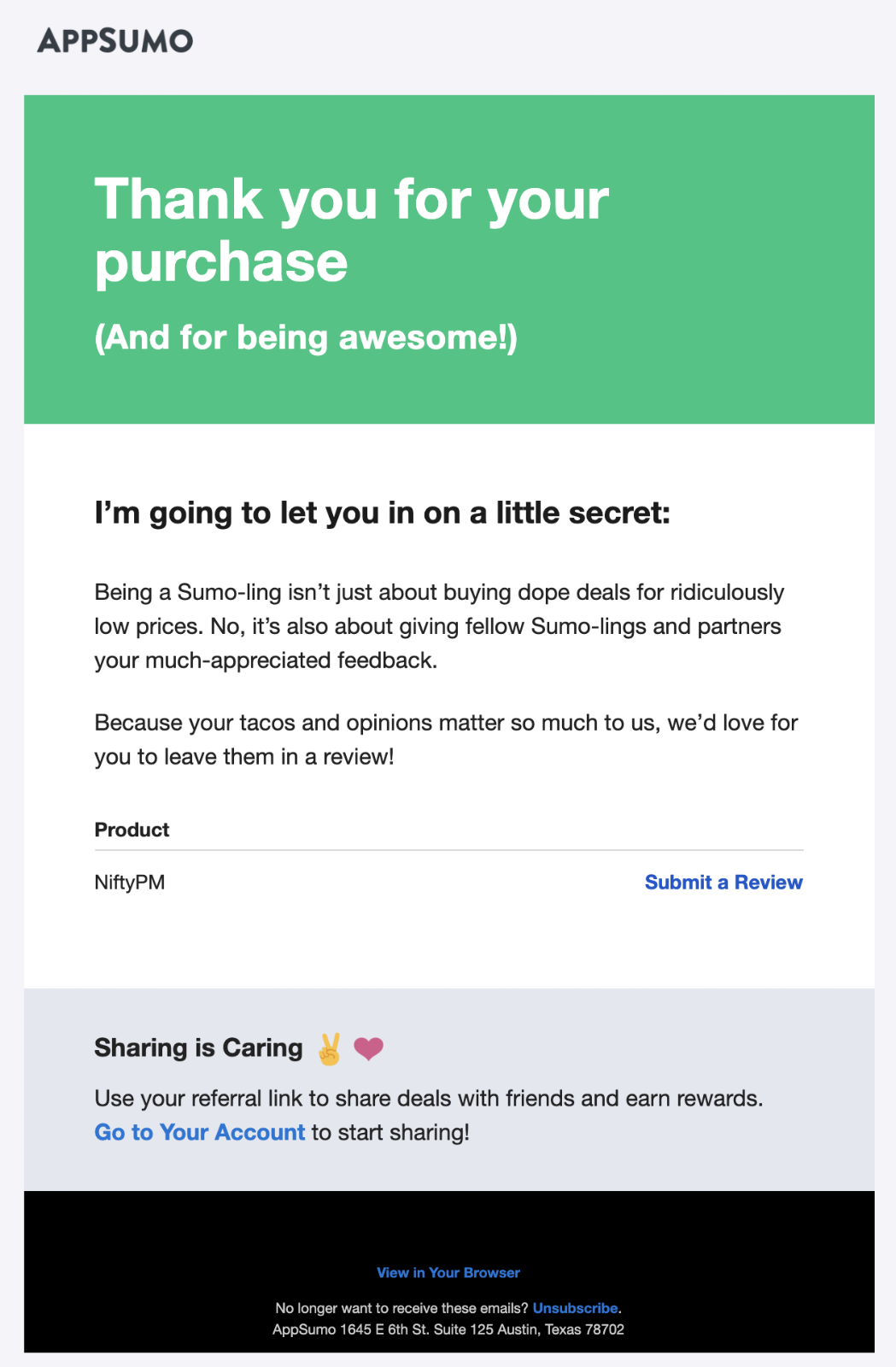 Example of a feedback request email from AppSumo