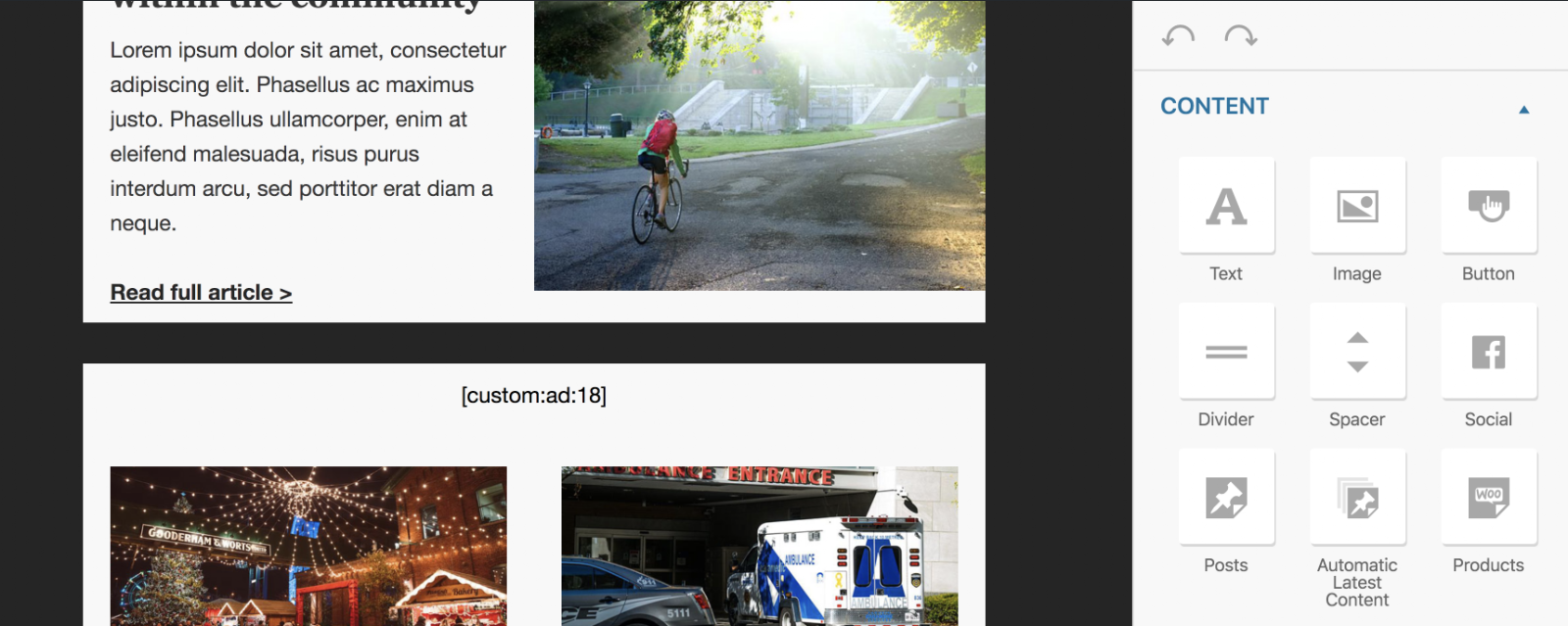 Example showing shortcode for the ad added to a MailPoet newsletter. 