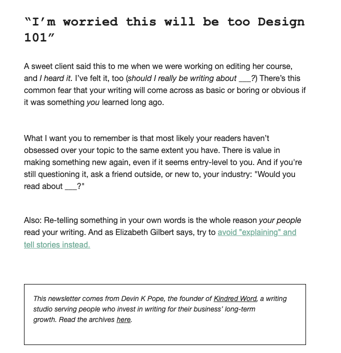 Example of Kindred Word email newsletter.