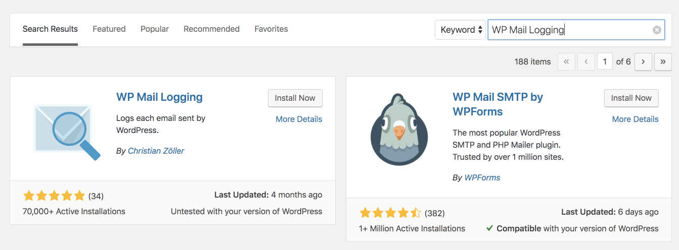 Screenshot of searching for WP Mail Logging plugin