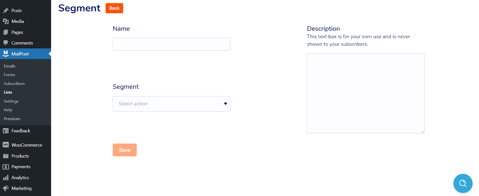 Email marketing for a WooCommerce subscription business: MailPoet segment creation page