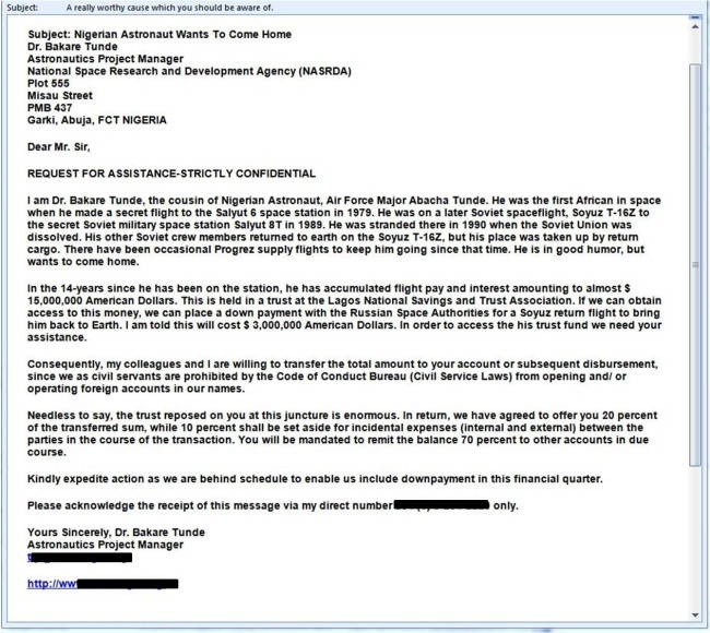 Spam/phishing email example. 