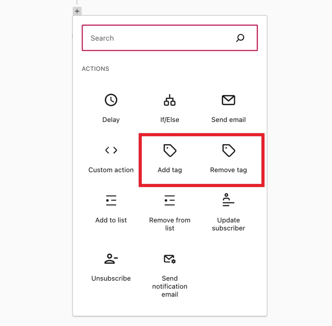 Automation editor showing the Add tag and Remove tag actions
