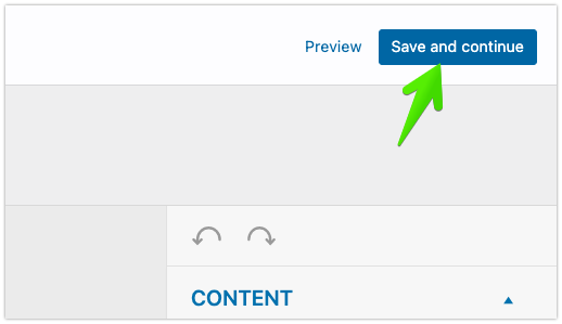 The Save and continue button in the top-right menu of the email editor.