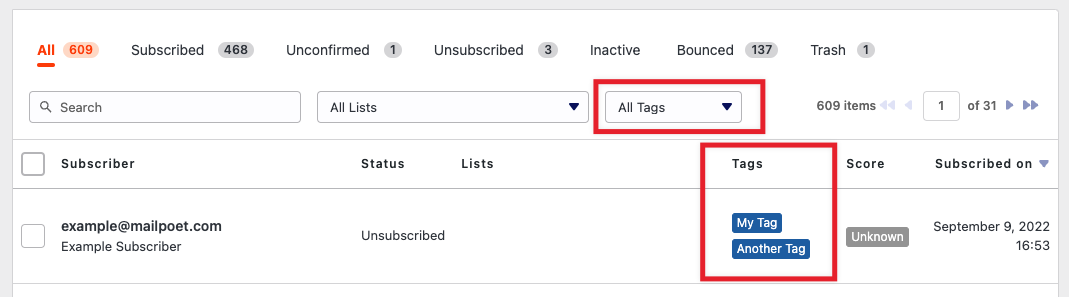 The Subscribers list showing tags displayed on subscriber rows and the tag filter dropdown