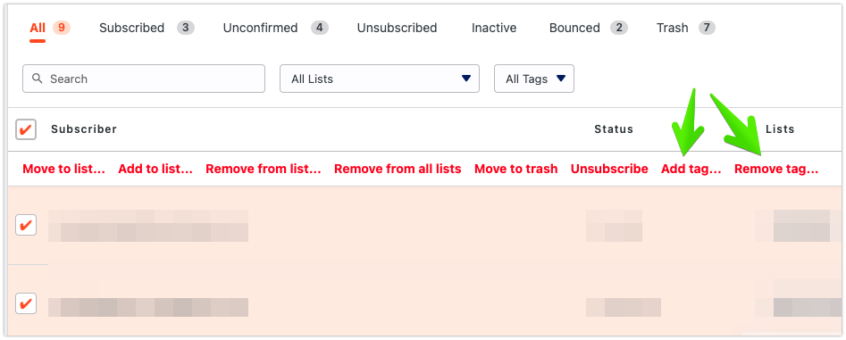 Bulk actions menu showing the Add tag and Remove tag options
