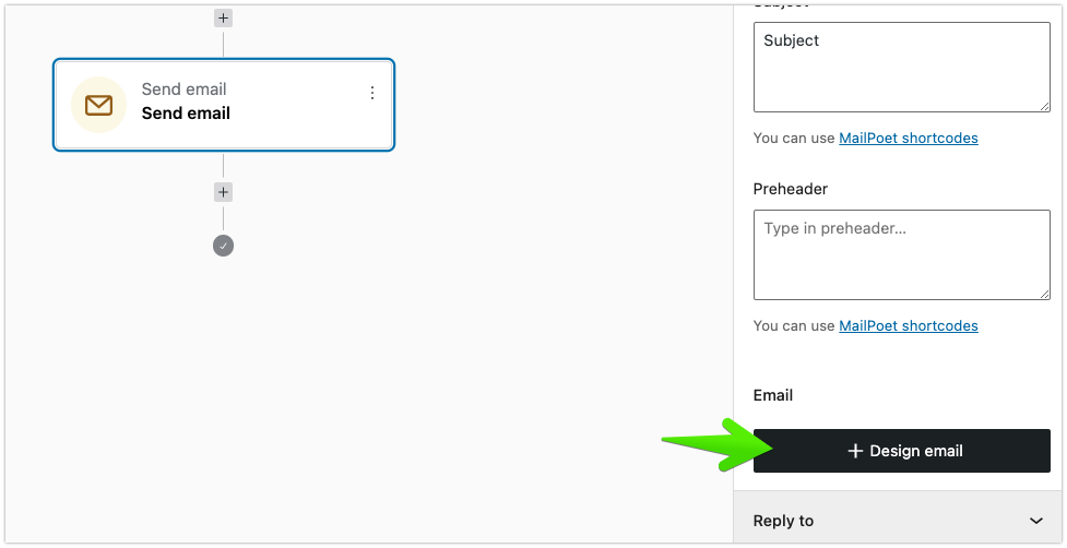 The Send email step with the Design email button in the automation editor.