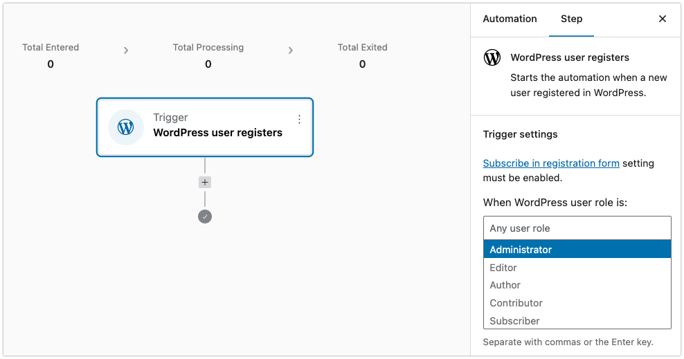 The sidebar Step tab in the automation editor, showing trigger customization options.