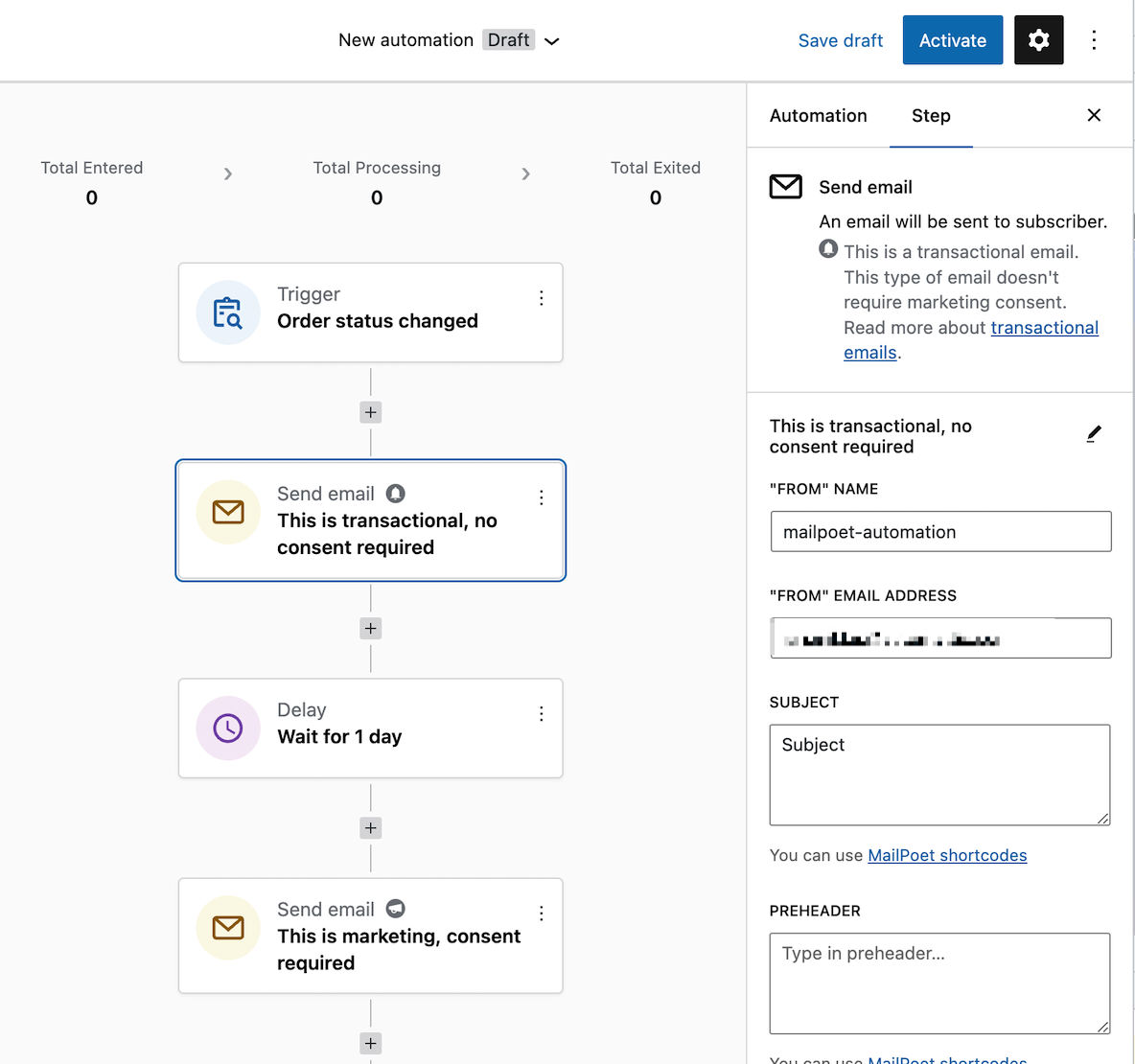 An automation with two Send Email actions, one transactional and one marketing, with type icons next to each.