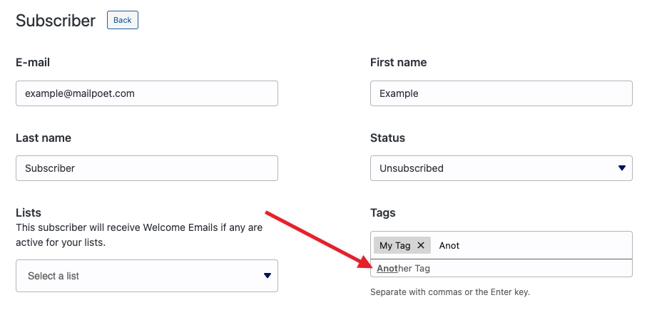 Tag autocomplete dropdown showing matching existing tags