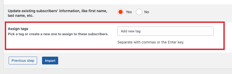 The import screen showing the option to assign tags to imported subscribers