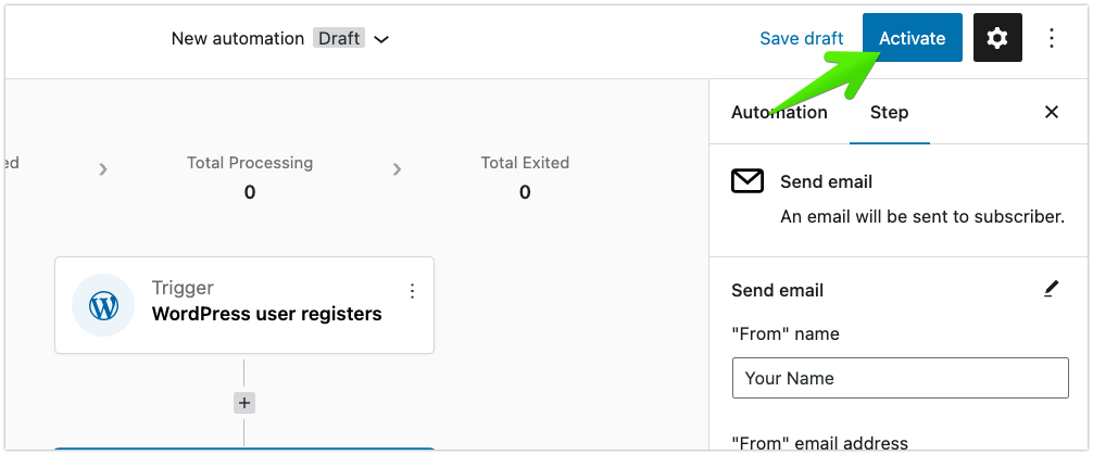 The Activate button in the automation editor header.