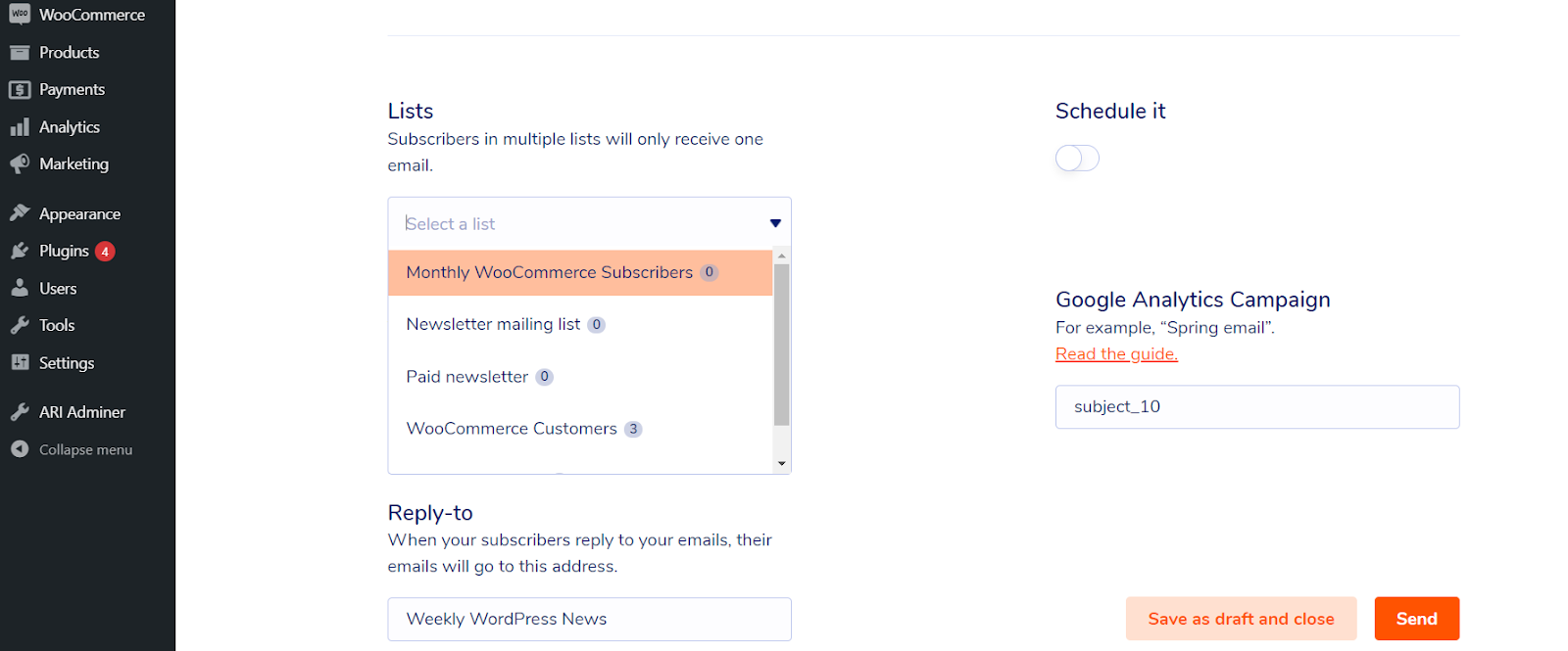 Email marketing for a WooCommerce subscription business: Select segment to send your email to