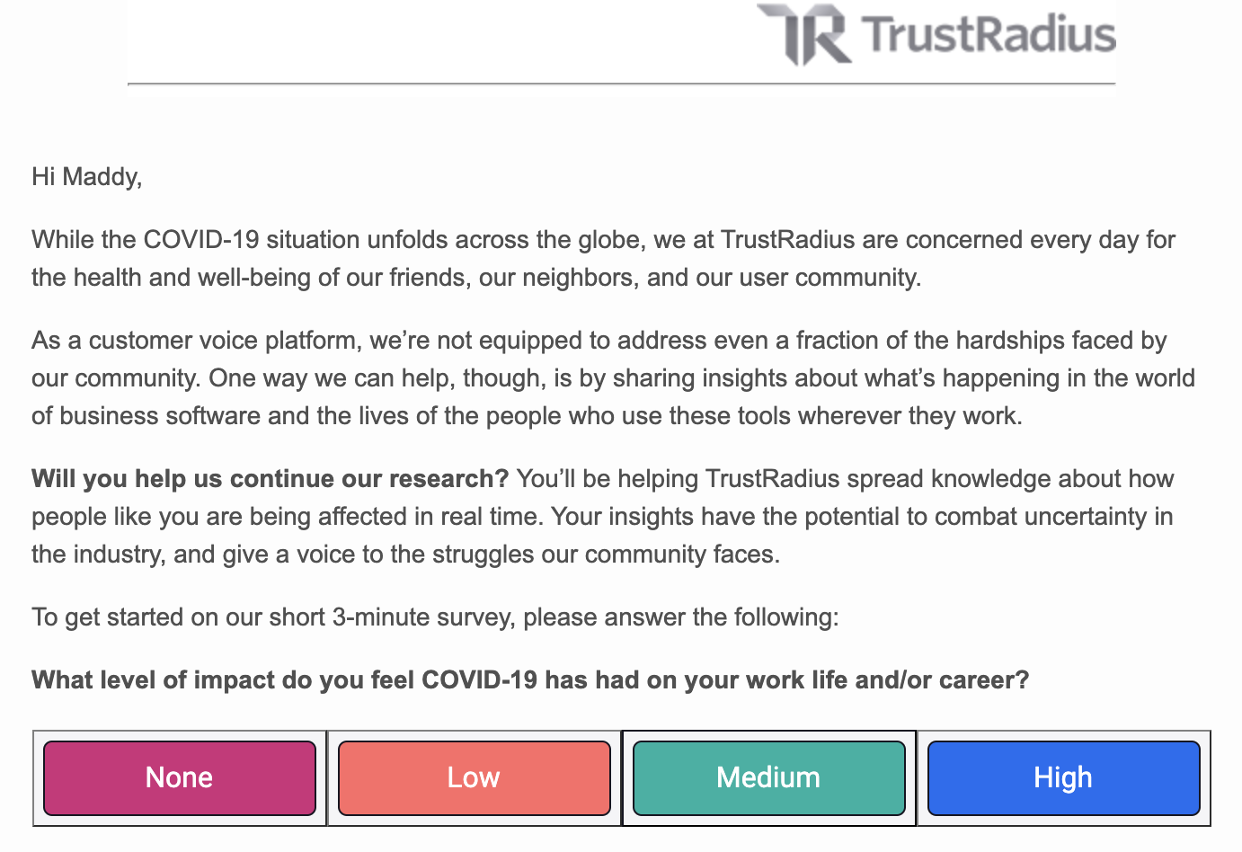 An example of a feedback request email from TrustRadius